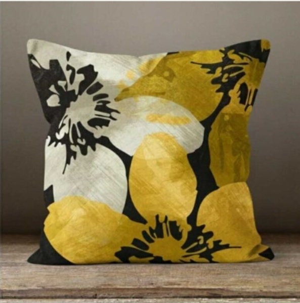 Modern Gold Bird and Flower Cushion Cover Yellow Grey Leaves