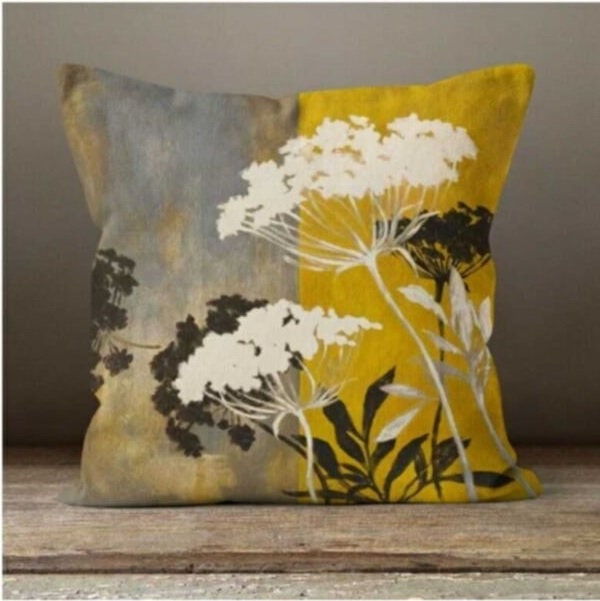Modern Gold Bird and Flower Cushion Cover Yellow Grey Leaves