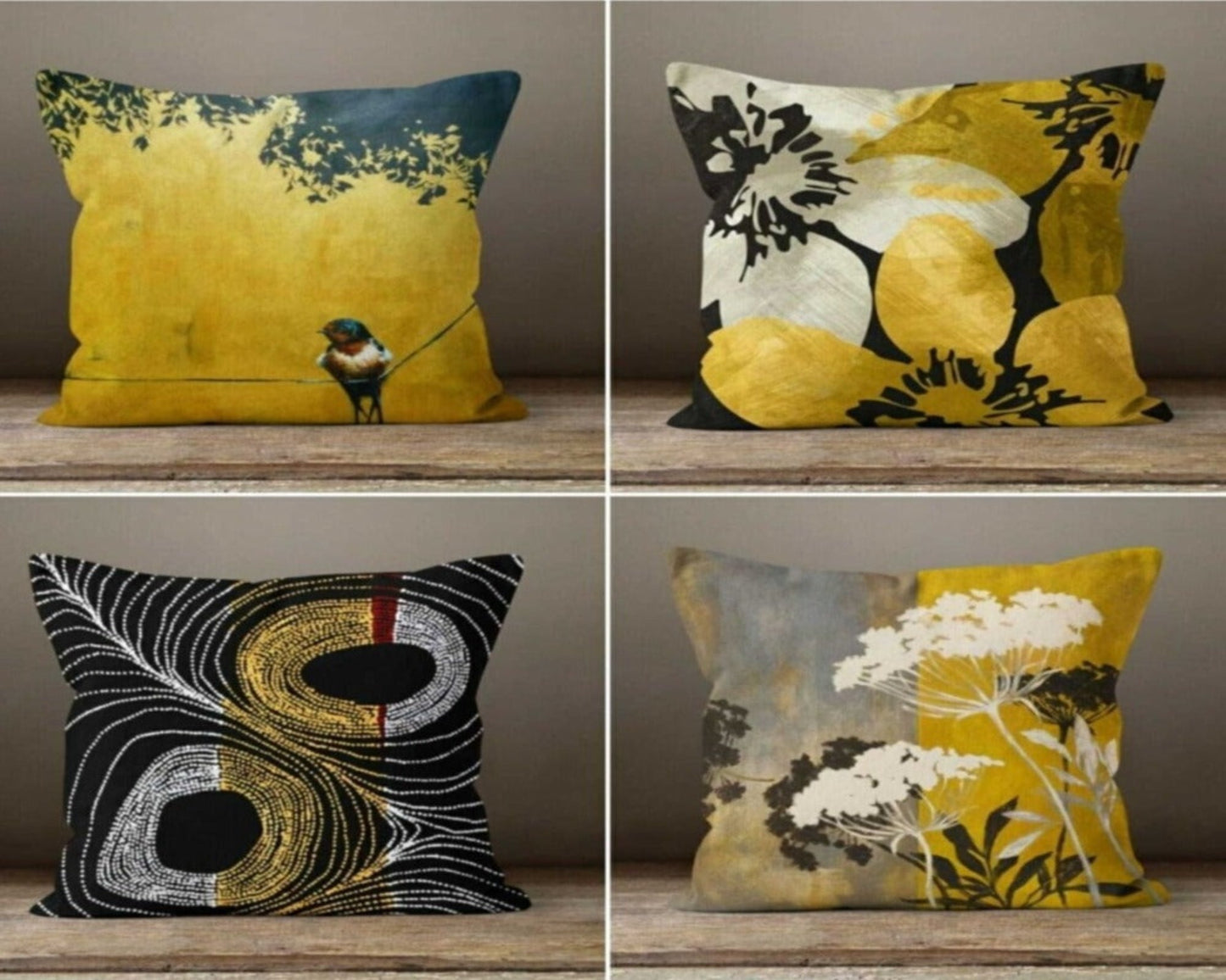 Modern Gold Bird and Flower Cushion Cover Yellow Grey Leaves