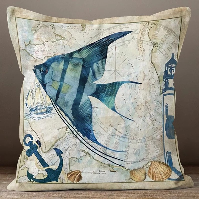 Navy Blue with Seahorse Coral Pattern Nautical Cushion Covers