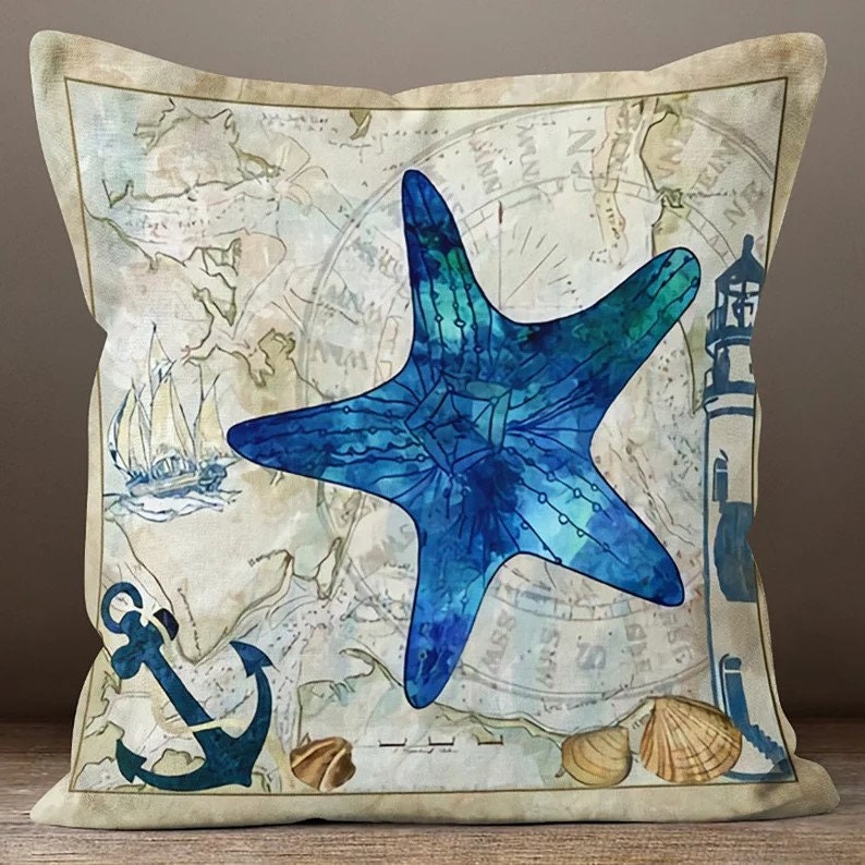 Navy Blue with Seahorse Coral Pattern Nautical Cushion Covers