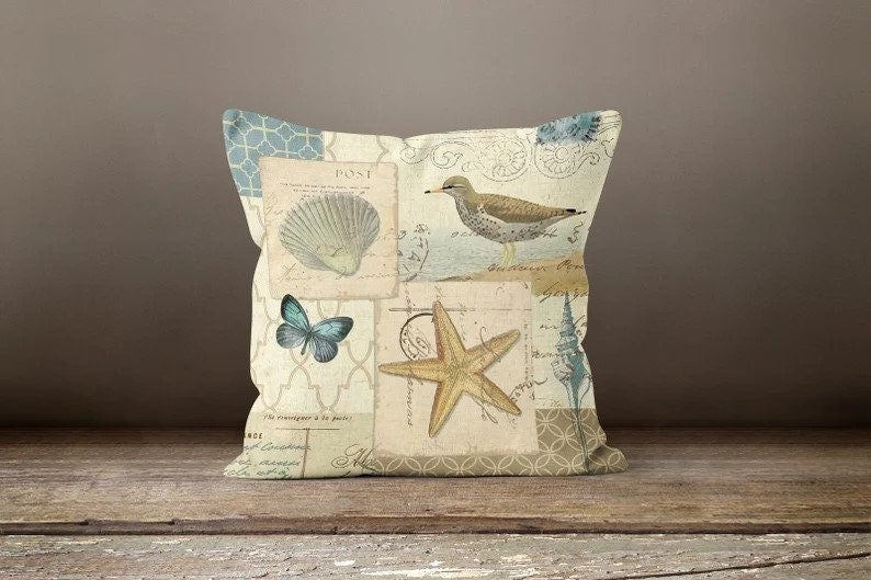 Shells and Seahorse Pillow Cover, Nautical Coastal Home Accent