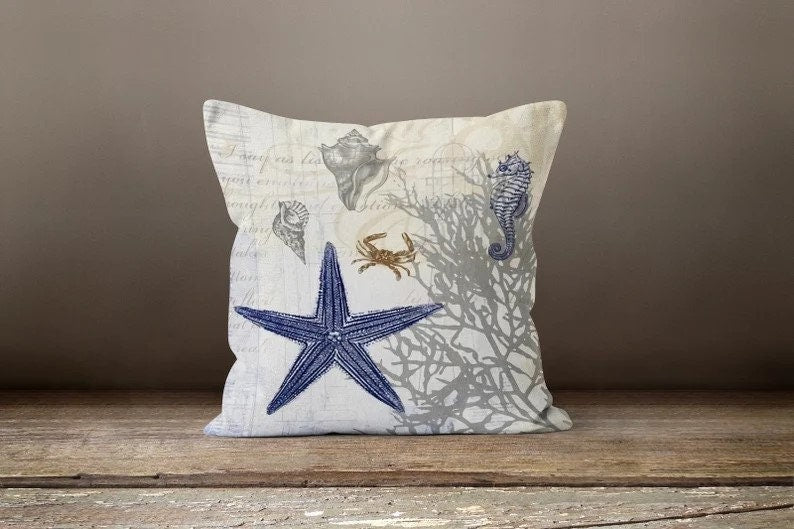 Shells and Seahorse Pillow Cover, Nautical Coastal Home Accent
