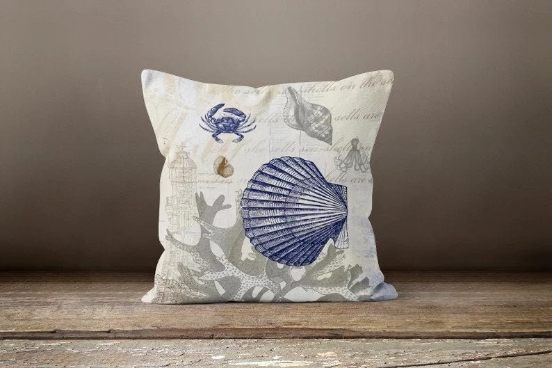 Shells and Seahorse Pillow Cover, Nautical Coastal Home Accent