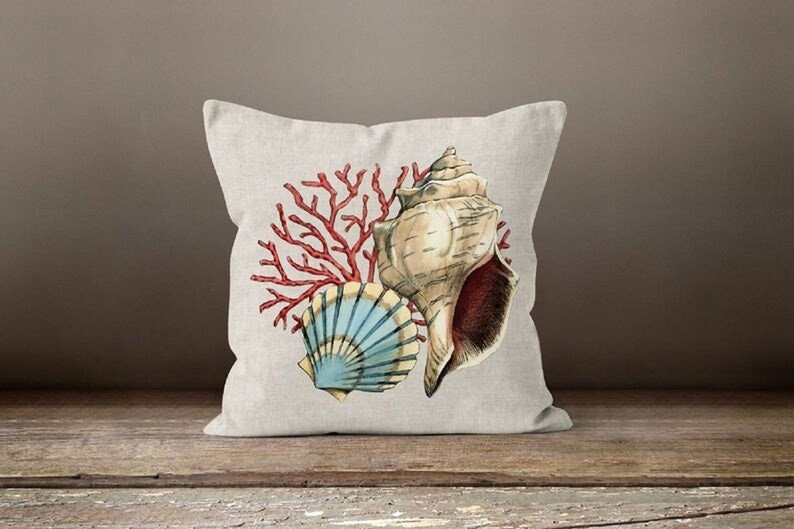 Shells and Seahorse Pillow Cover, Nautical Coastal Home Accent