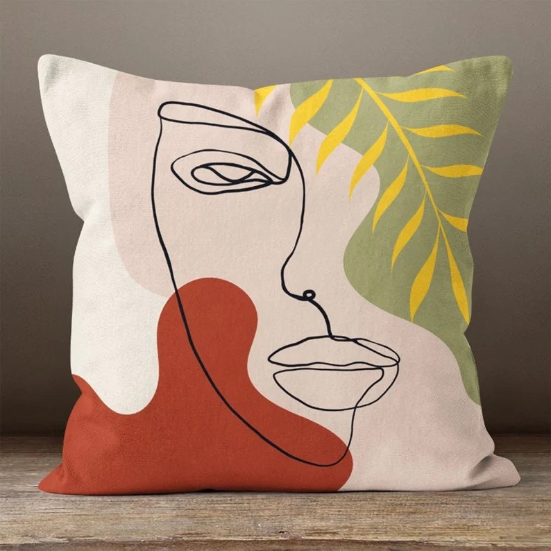 Line Art Face Themed Throw Cushion Cover