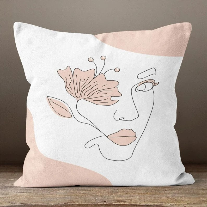 Line Art Face Themed Throw Cushion Cover