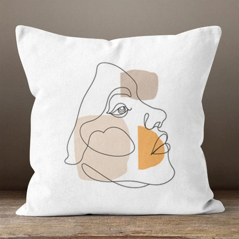 Line Art Face Themed Throw Cushion Cover