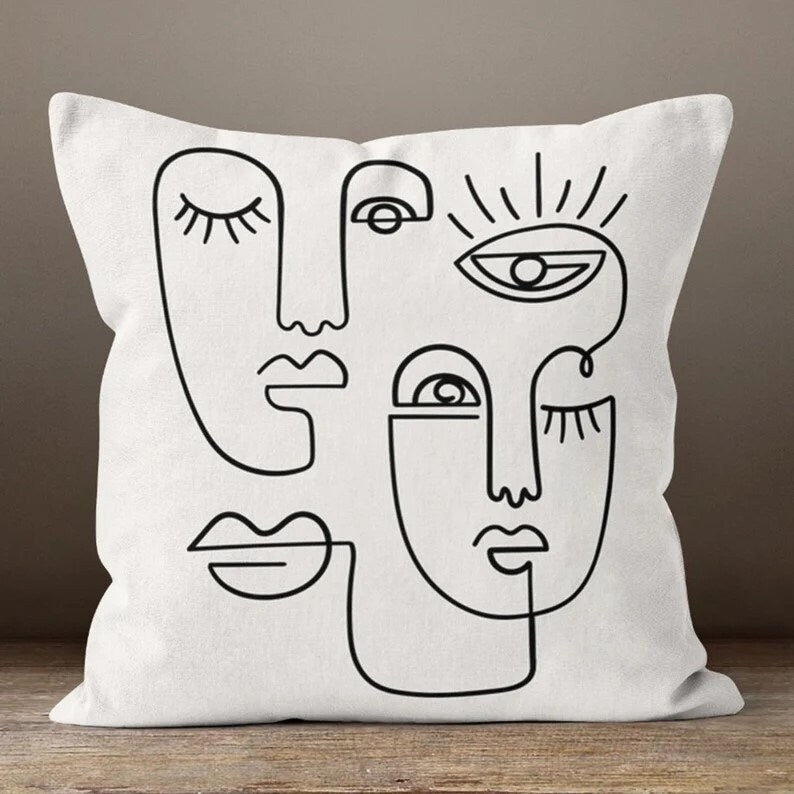 Yellow or Green Minimalist Line Art Faces Cushion Cover