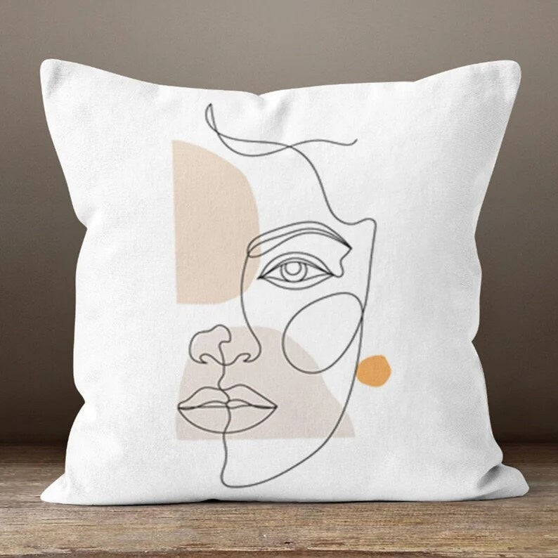 Yellow or Green Minimalist Line Art Faces Cushion Cover
