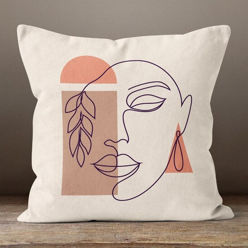 Yellow or Green Minimalist Line Art Faces Cushion Cover