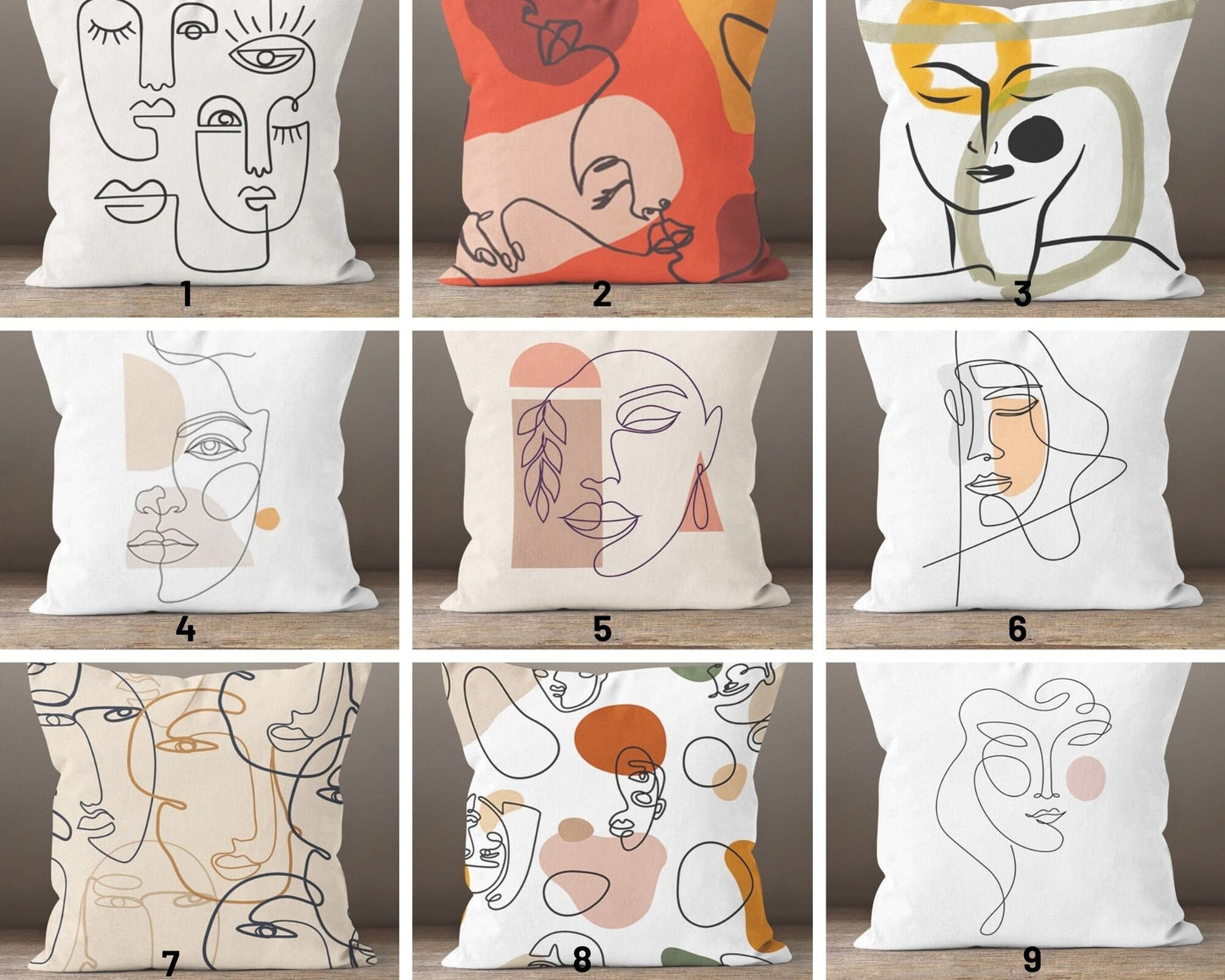 Yellow or Green Minimalist Line Art Faces Cushion Cover