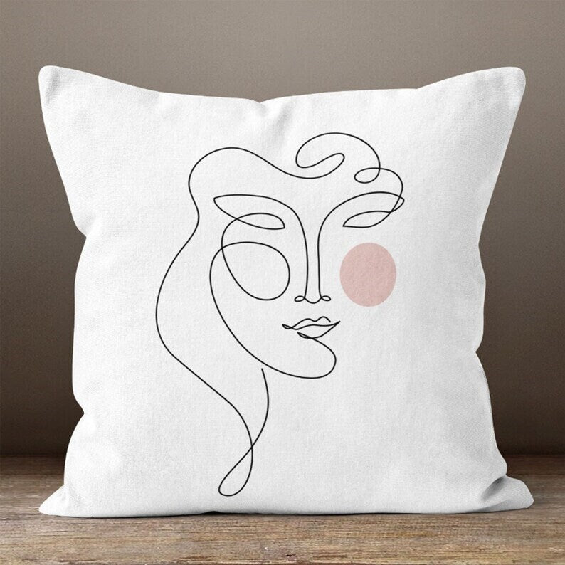 Yellow or Green Minimalist Line Art Faces Cushion Cover