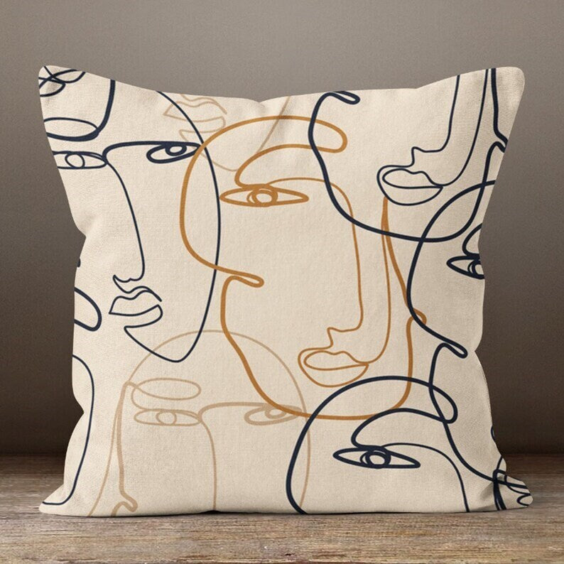Yellow or Green Minimalist Line Art Faces Cushion Cover