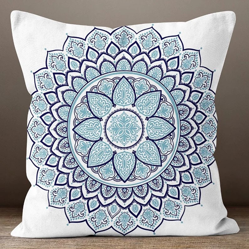 Blue Geometric Mandala Cushion Cover, Indian, Cultural Accent