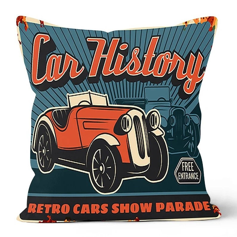 Retro Car Museum, Classic Auto, Nostalgic Garage Cushion Cover