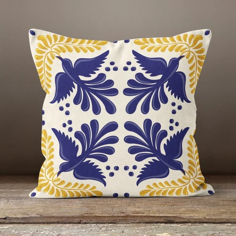Blue and White Bird Tile Cushion Cover, Traditional Mediterranean Design