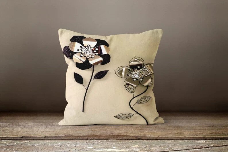 Beige Floral Decorative Cushion Cover