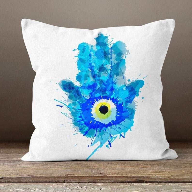 Evil Eye Ornament Tree Cushion Cover, Abstract Hand and Eye Design in Blue
