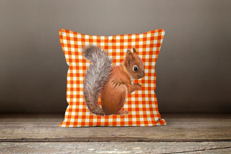 Squirrel and Terracotta Plaid Autumn Inspired Cushion Cover
