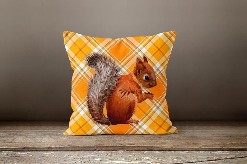 Squirrel and Terracotta Plaid Autumn Inspired Cushion Cover