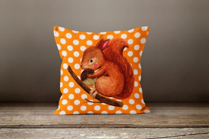 Squirrel and Terracotta Plaid Autumn Inspired Cushion Cover