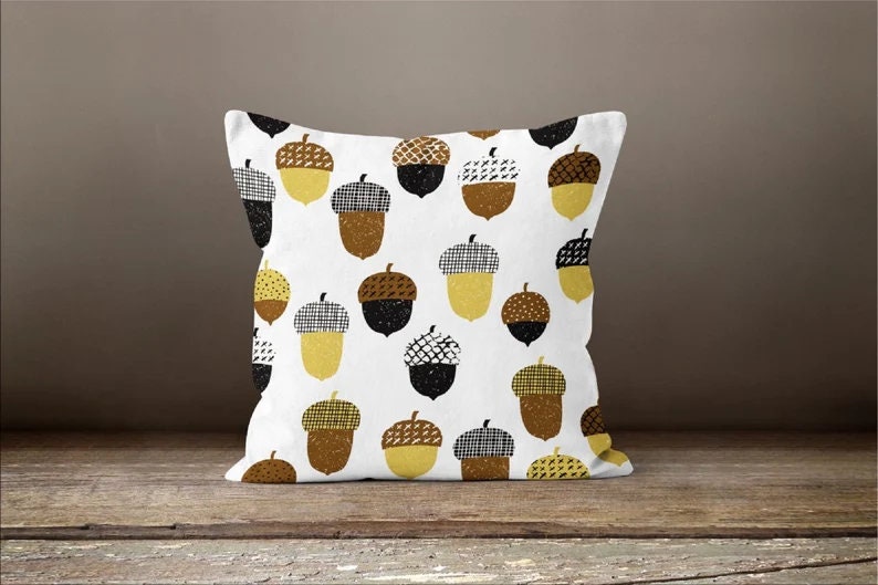 Acorns, Fall Leaves Cushion Cover, Elegant Autumn Farmhouse Decor