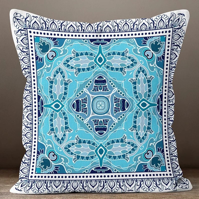 Blue Geometric Mandala Cushion Cover, Indian, Cultural Accent