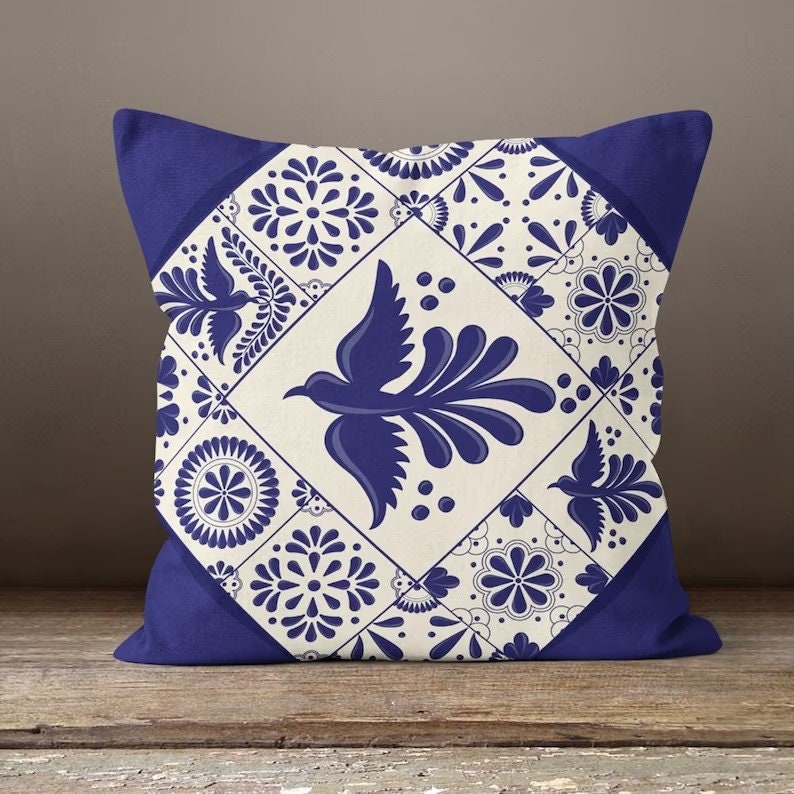 Blue and White Bird Tile Cushion Cover, Traditional Mediterranean Design