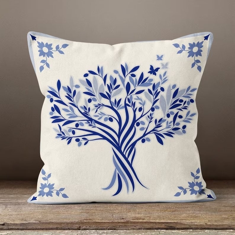 Blue and White Bird Tile Cushion Cover, Traditional Mediterranean Design