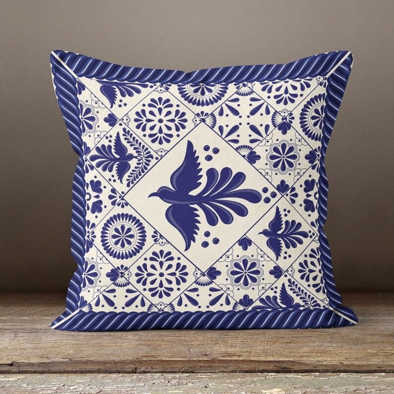Blue and White Bird Tile Cushion Cover, Traditional Mediterranean Design