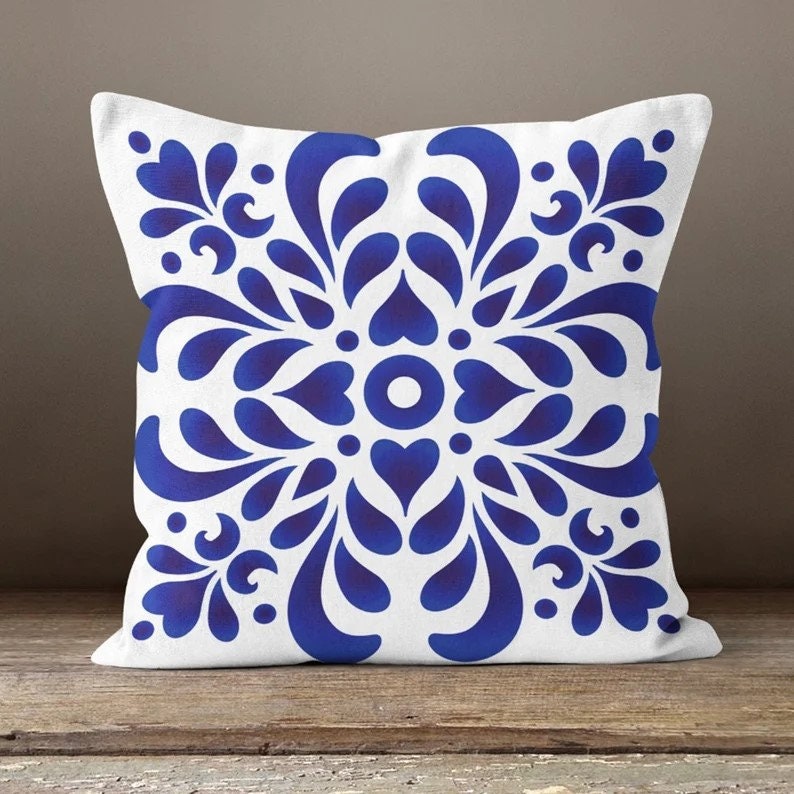Blue and White Bird Tile Cushion Cover, Traditional Mediterranean Design