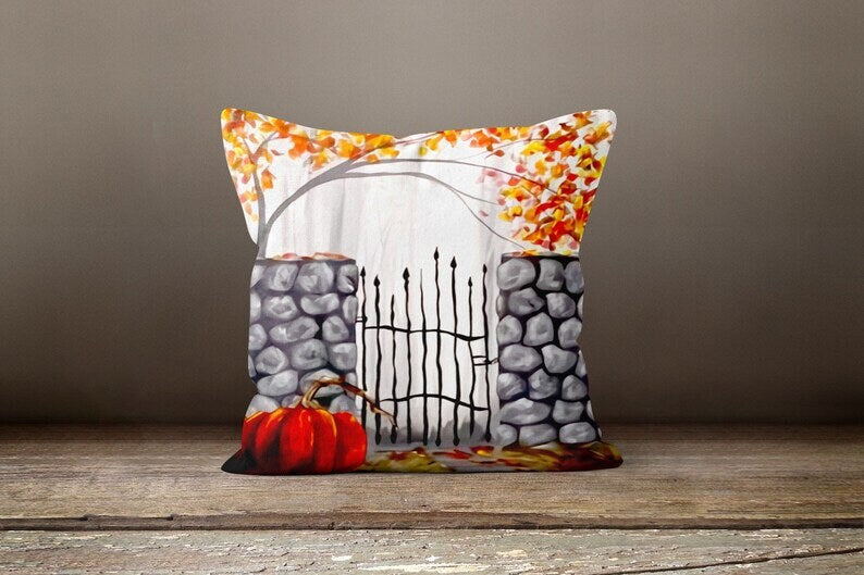 Autumn Gate and Pumpkins Cushion Cover, Rustic Fall Accent