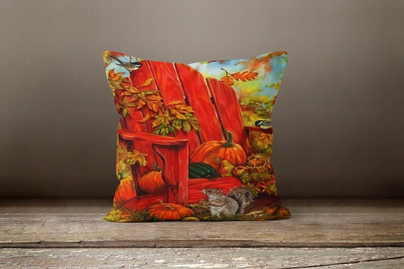 Autumn Gate and Pumpkins Cushion Cover, Rustic Fall Accent