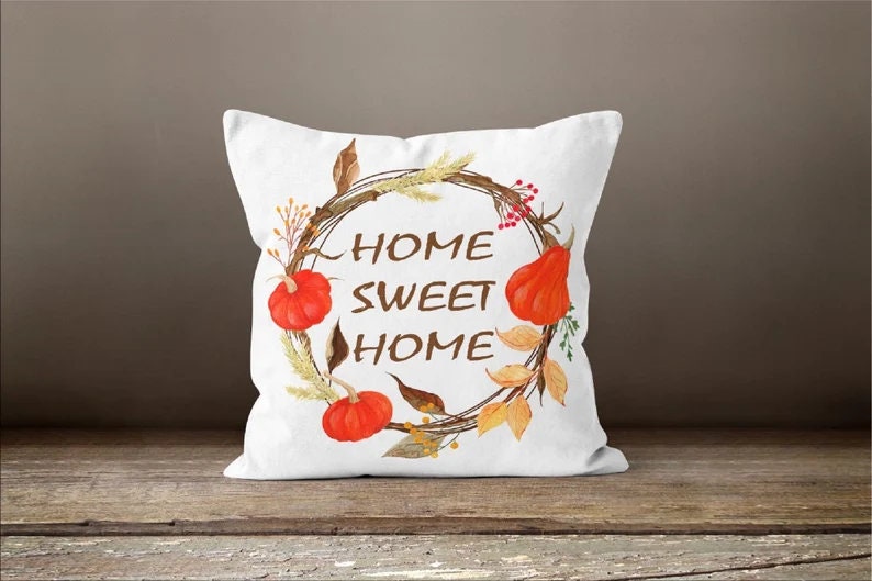 Autumn Dry Leaves and Pumpkins Wreath Design Cushion Cover