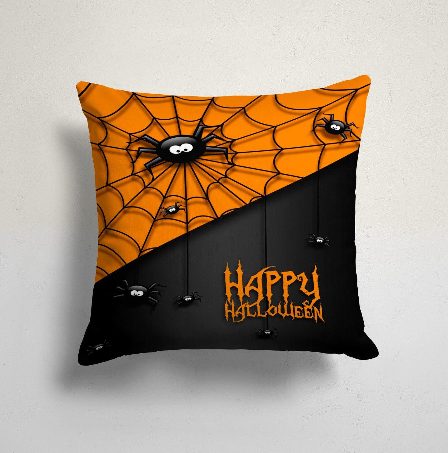 Carved Orange Pumpkin Halloween Cushion Cover with Spider