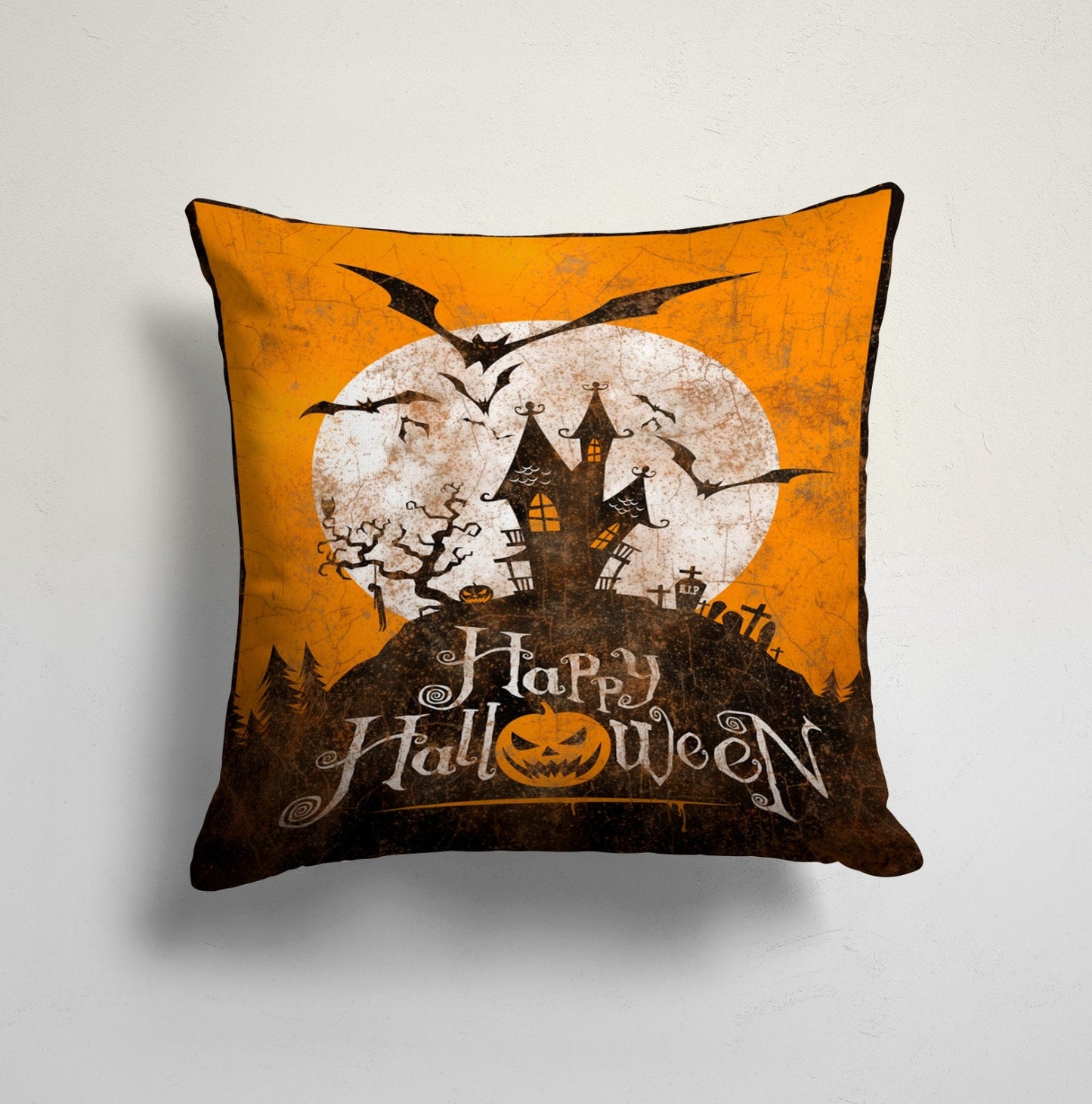 Carved Orange Pumpkin Halloween Cushion Cover with Spider