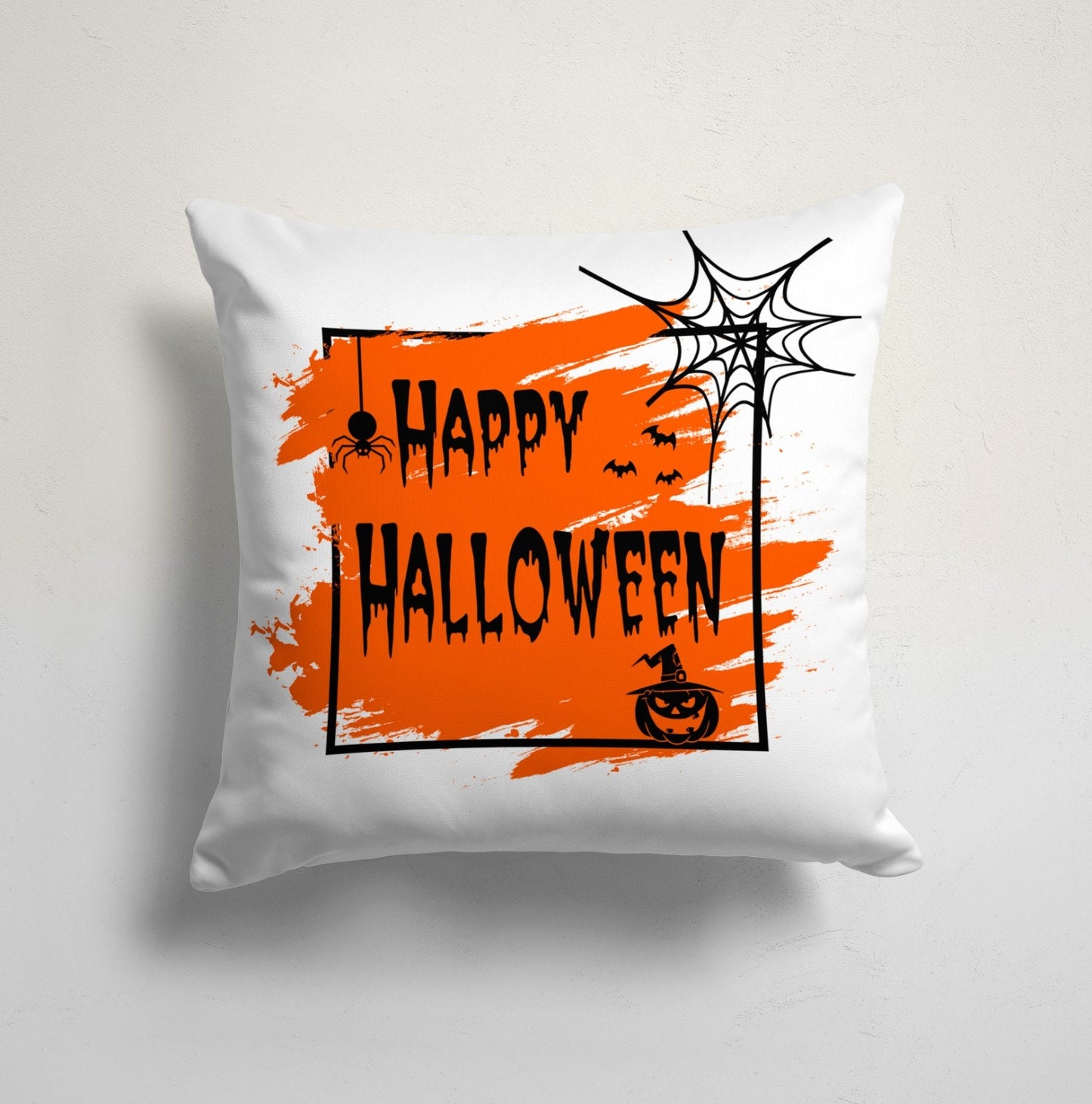 Carved Orange Pumpkin Halloween Cushion Cover with Spider