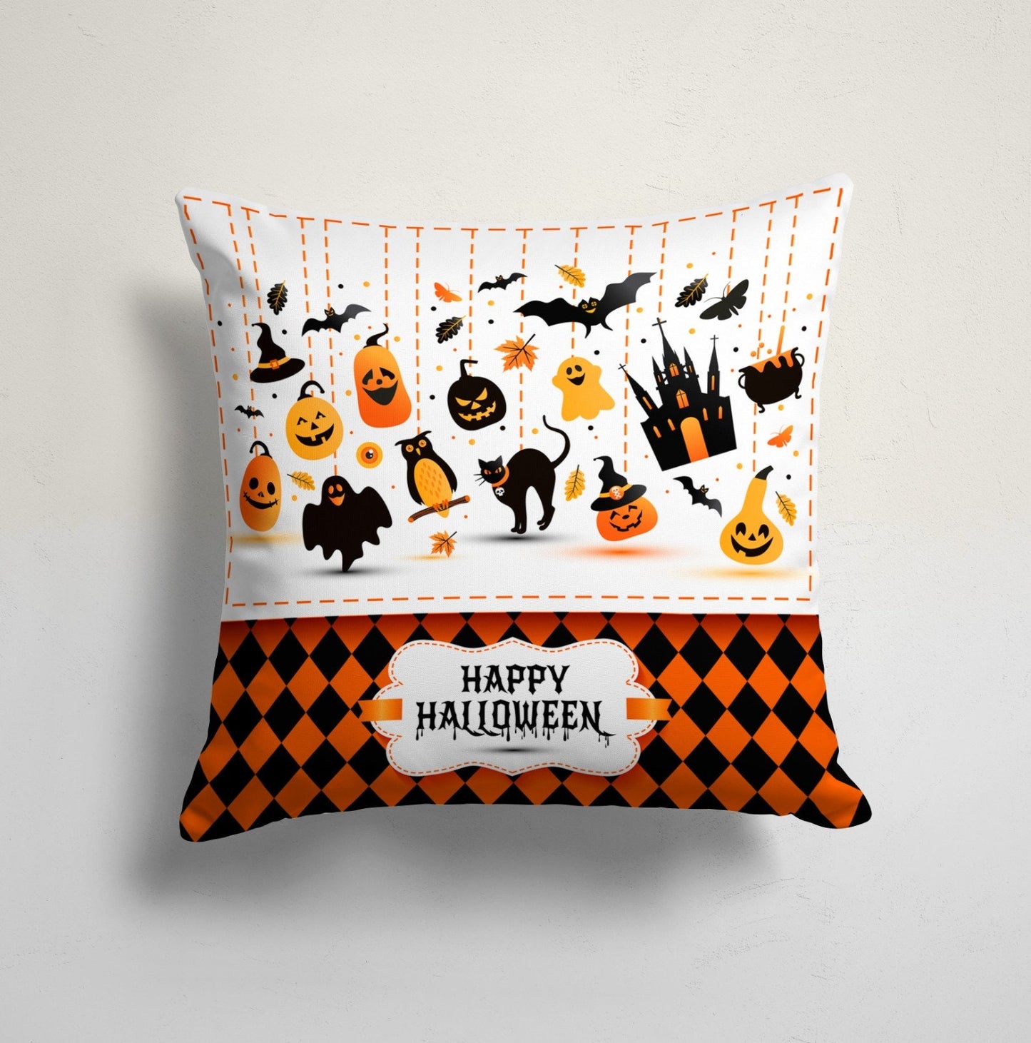 Happy Halloween Trick or Treat Bat and Pumpkin Cushion Cover