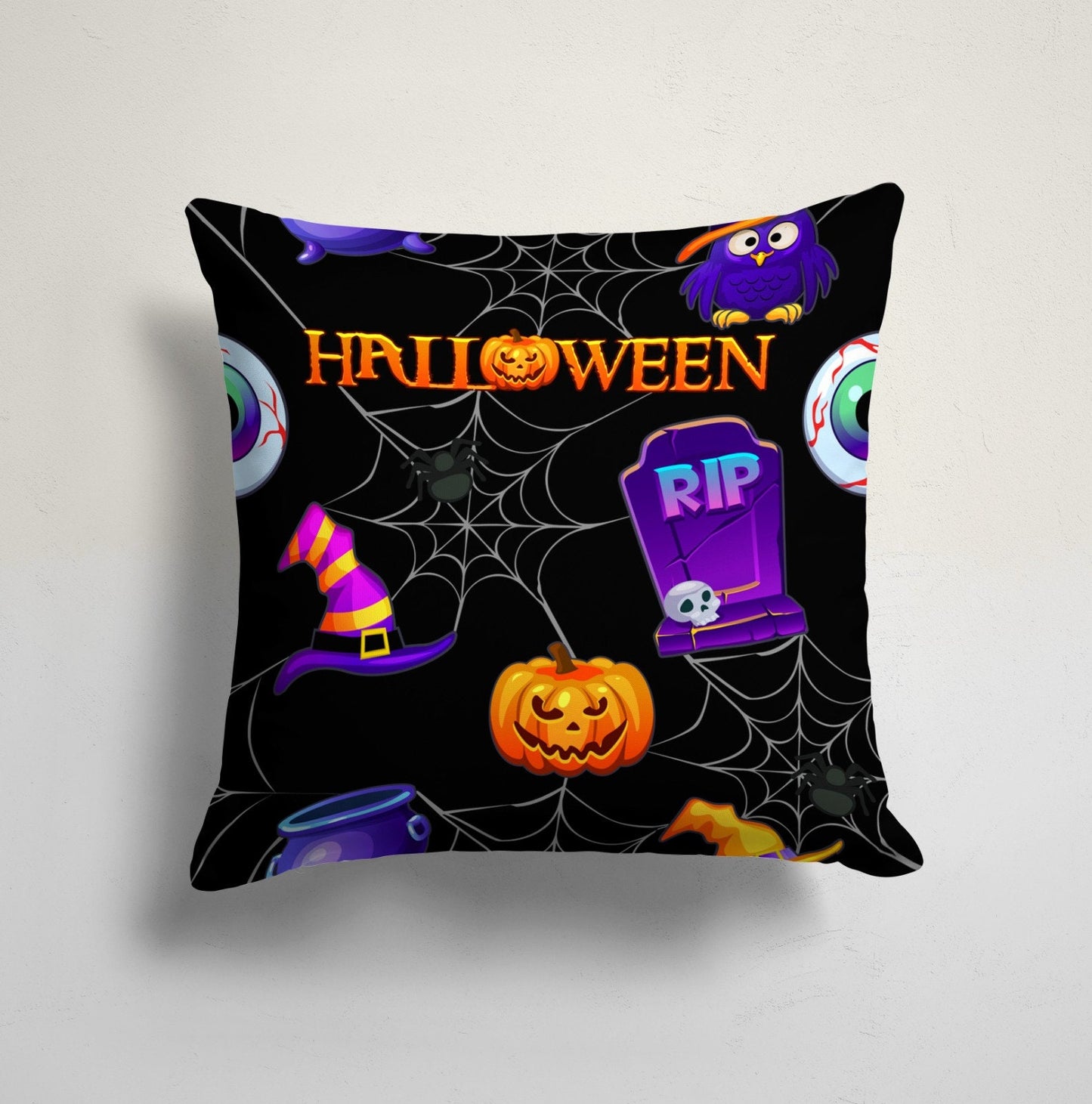 Halloween Black Cat Pumpkin and Bat Cushion Cover