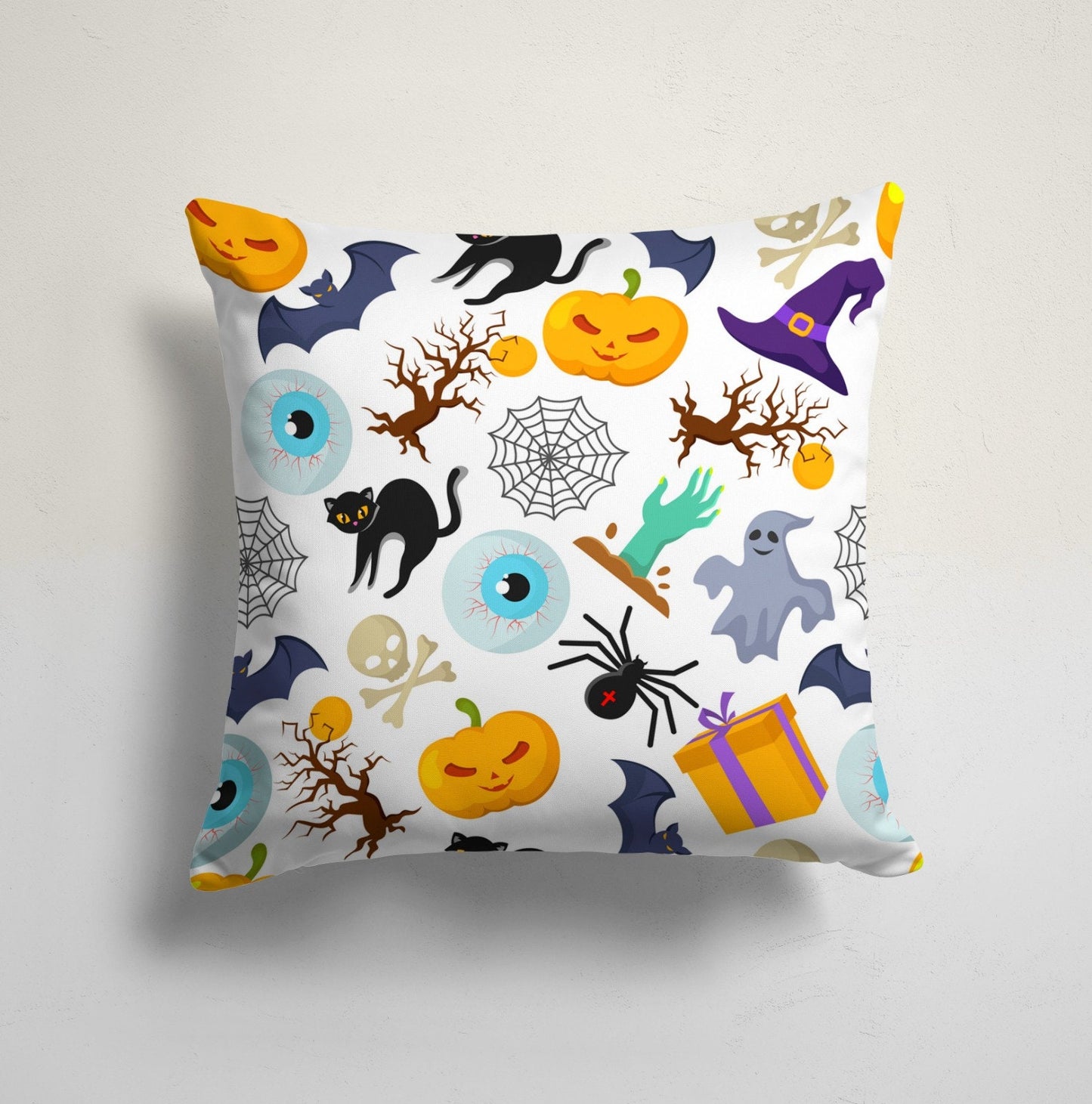 Halloween Black Cat Pumpkin and Bat Cushion Cover