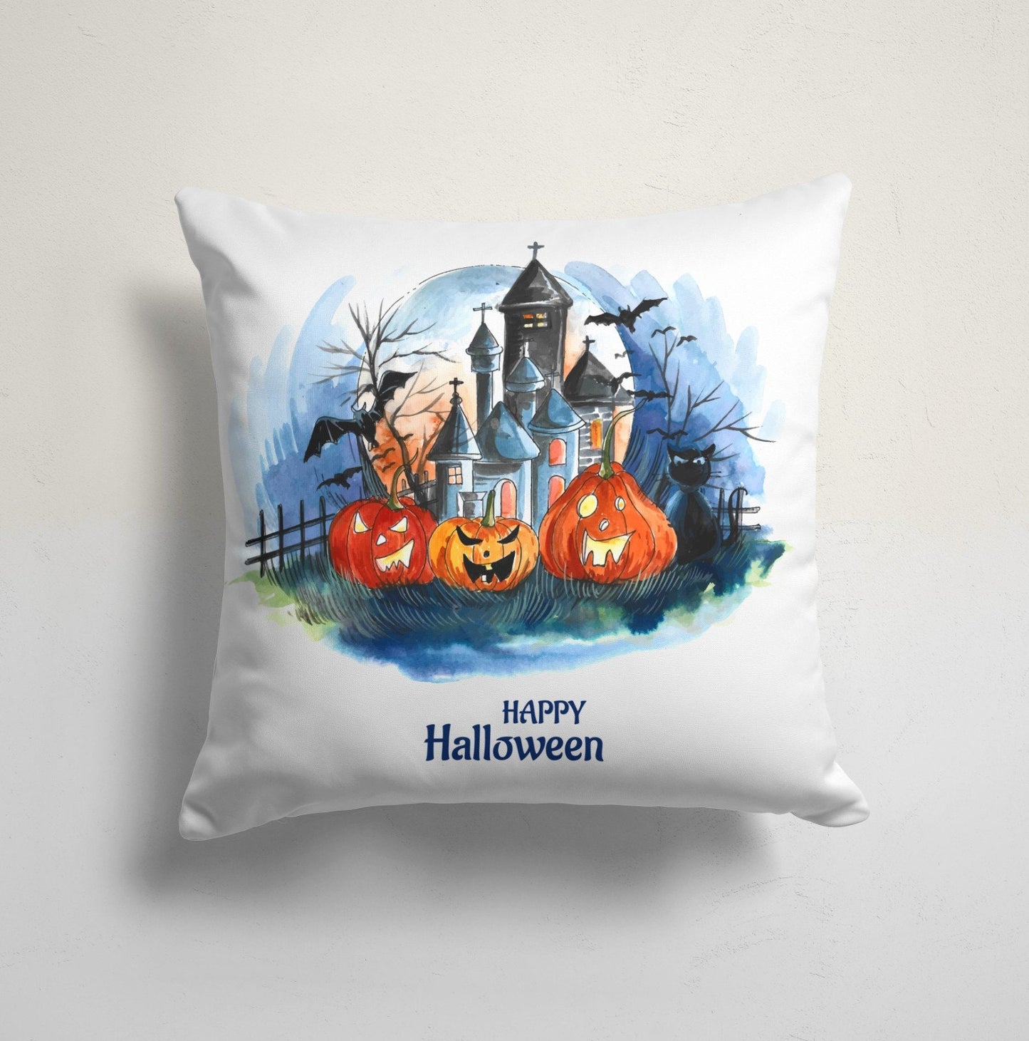 Halloween Black Cat Pumpkin and Bat Cushion Cover