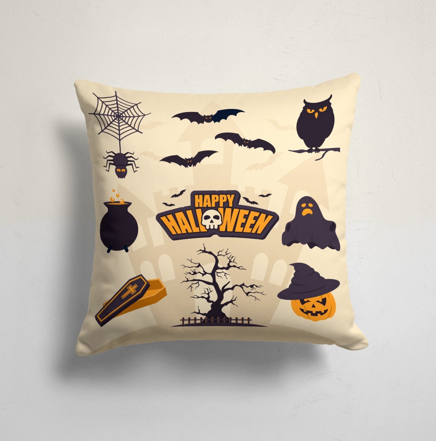 Funny Pumpkin Bat Ghost Cat Design Halloween Cushion Cover