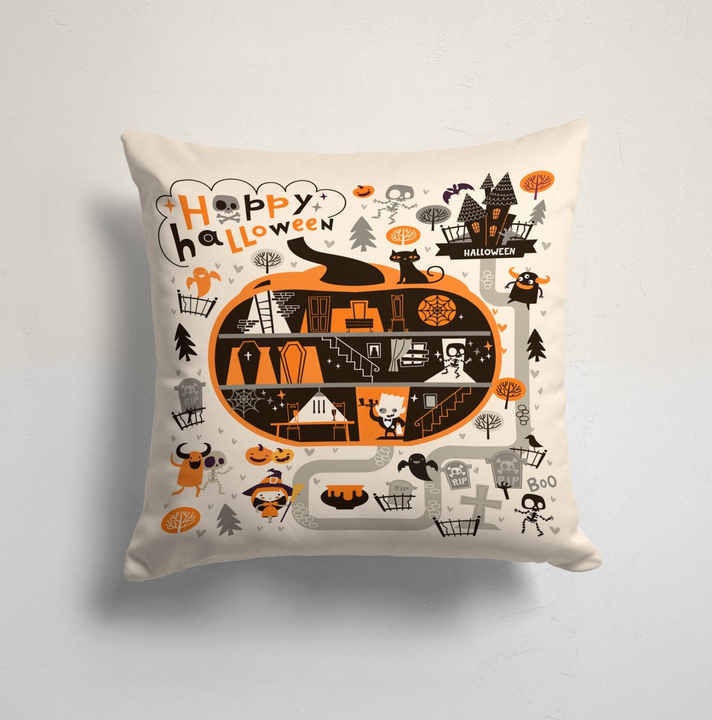 Funny Pumpkin Bat Ghost Cat Design Halloween Cushion Cover