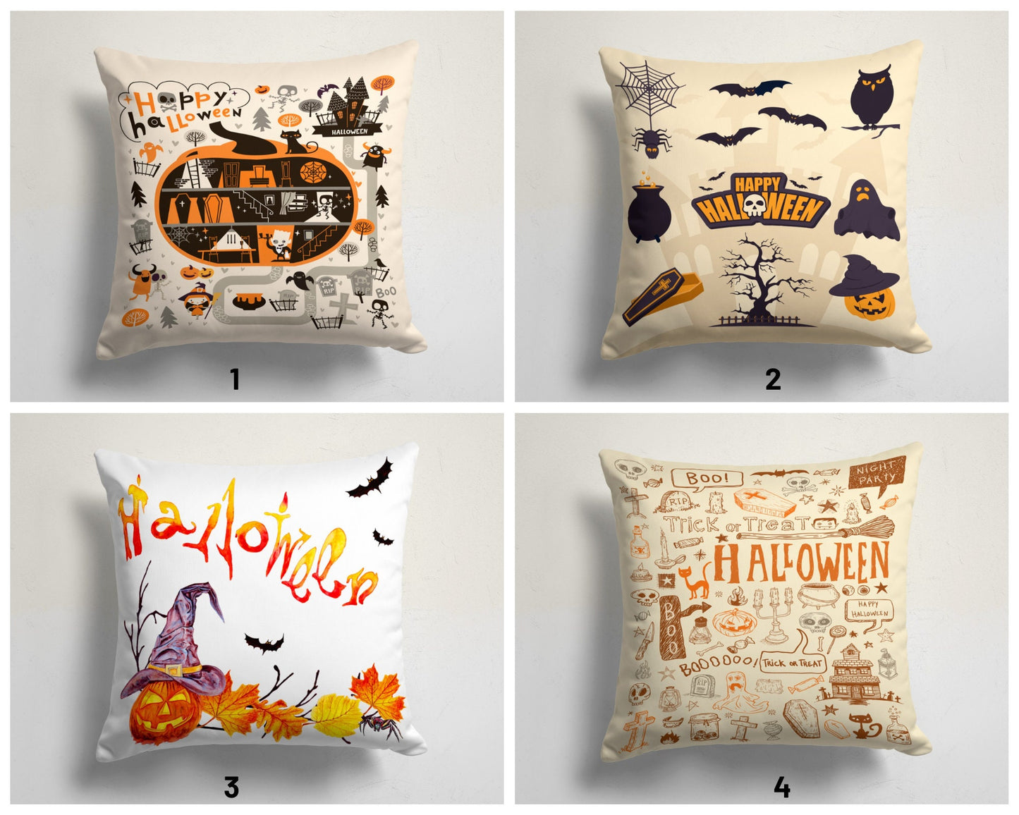 Funny Pumpkin Bat Ghost Cat Design Halloween Cushion Cover