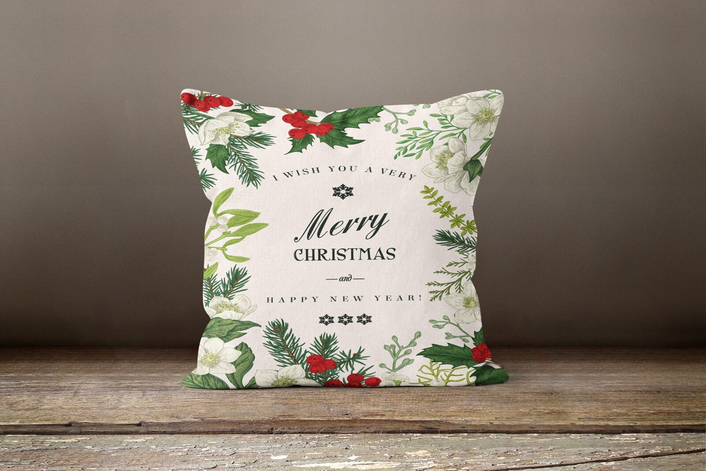 Merry Christmas Wreath Cushion Cover, Classic Holiday Design
