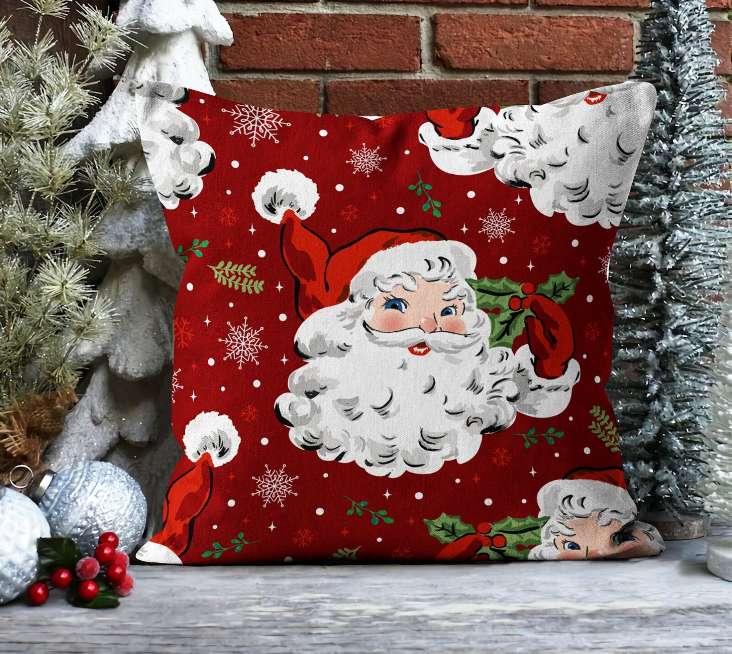 Santa, Red Nordic Christmas, Snowflake Pattern Cushion Cover
