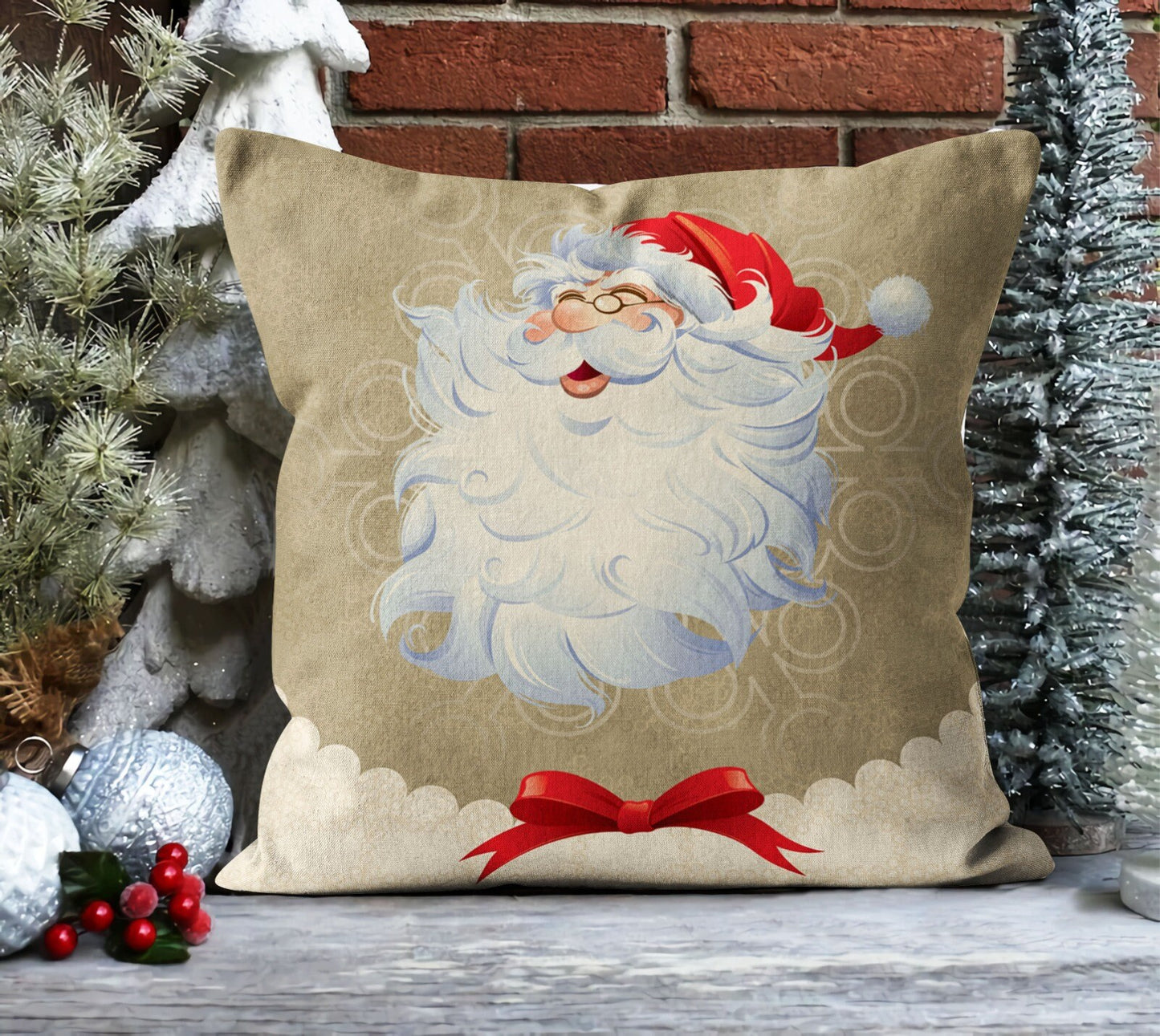 Santa, Red Nordic Christmas, Snowflake Pattern Cushion Cover