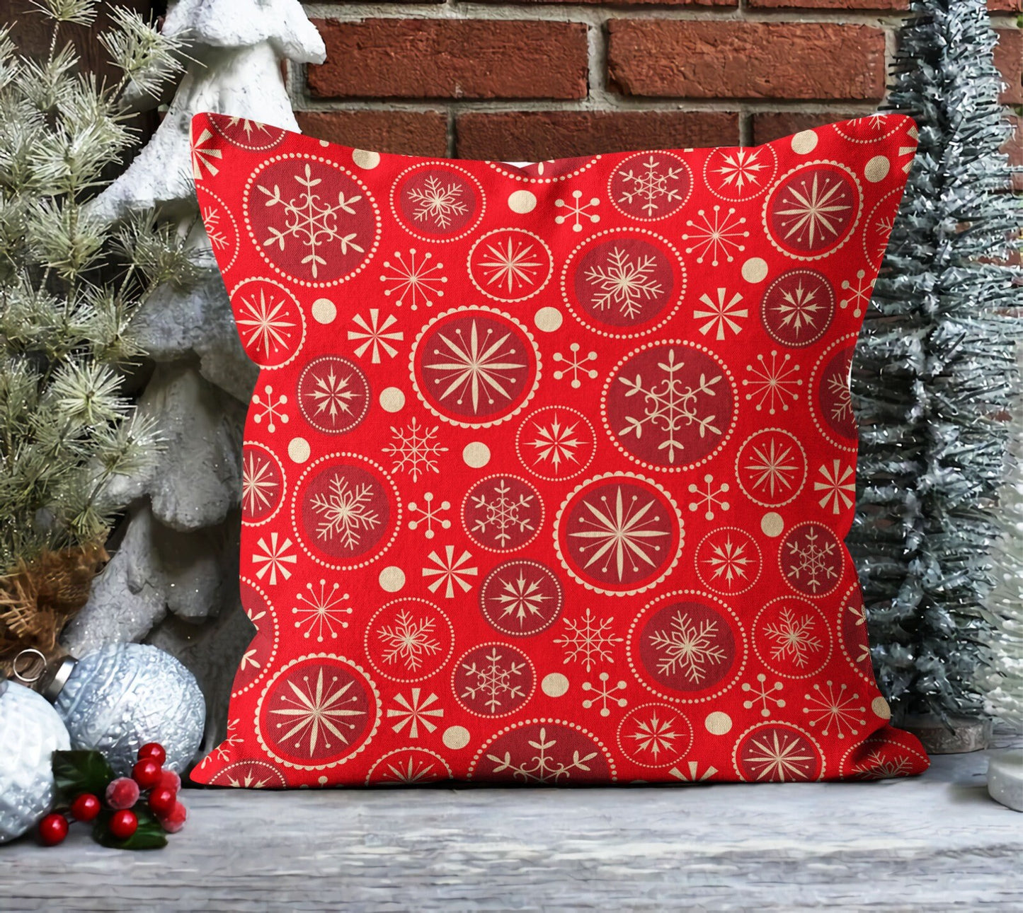 Santa, Red Nordic Christmas, Snowflake Pattern Cushion Cover