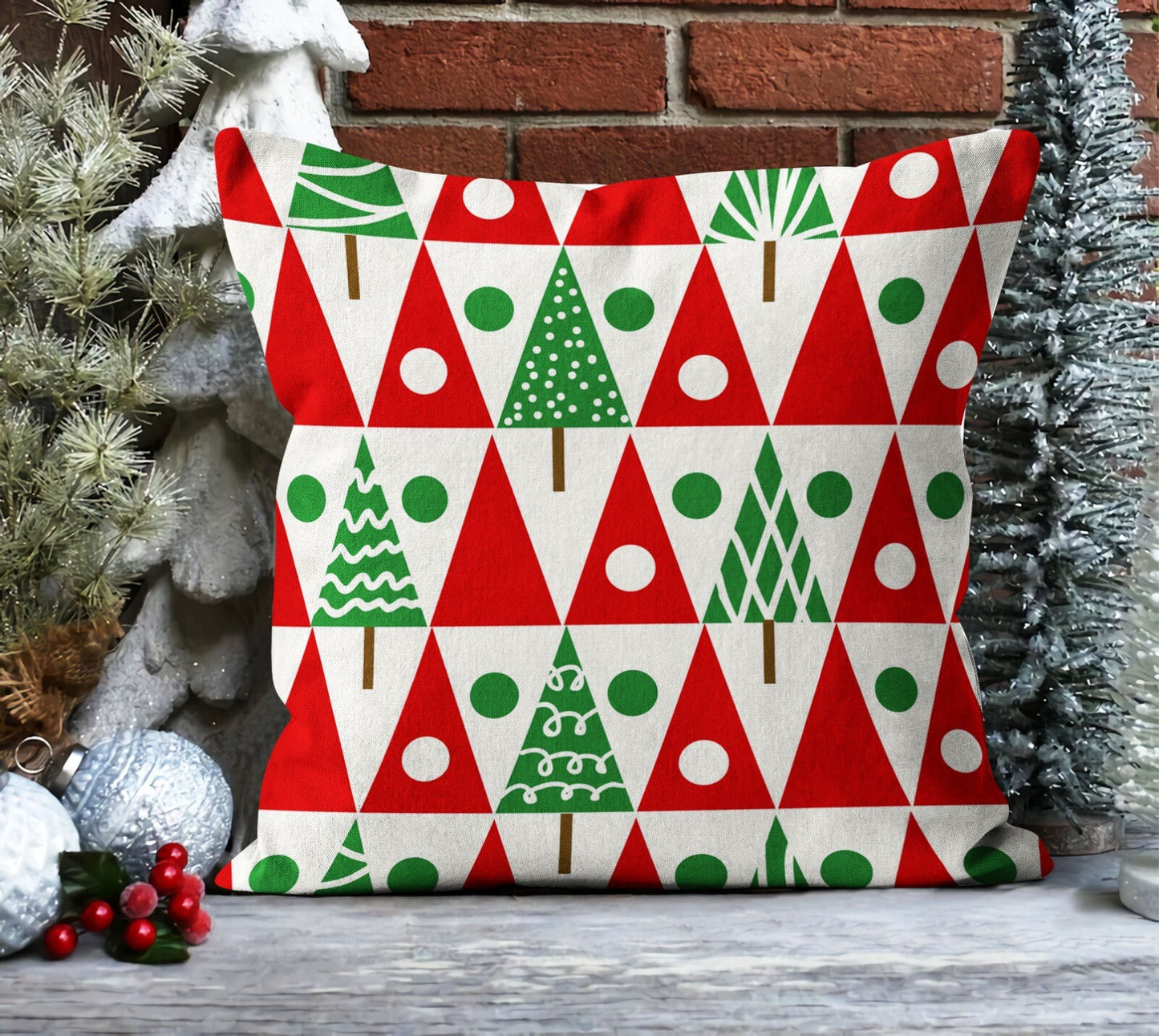 Santa, Red Nordic Christmas, Snowflake Pattern Cushion Cover